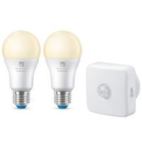 4lite WiZ Connected A60 Warm White WiFi LED Smart Bulb - E27 Large Screw - Pack of 2 + Sensor