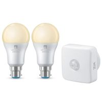 4lite WiZ Connected A60 Warm White WiFi LED Smart Bulb - B22 Bayonet Cap - Pack of 2 + Sensor