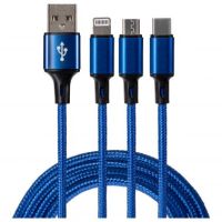 Maplin 3-in-1 USB-A to USB-C / Lightning / MicroUSB Braided Charging Cable - Blue, 1.2m