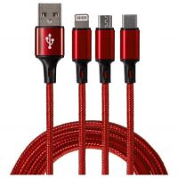 Maplin 3-in-1 USB-A to USB-C / Lightning / MicroUSB Braided Charging Cable - Red, 1.2m