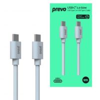 PREVO USB 2.0 60W C to C PVC cable, 20V/3A, 480Mbps, INJECTION MOULDING + PVC, +TPE+ C TID certification, White, Superior Design & Perfornance, Retail Box Packaging